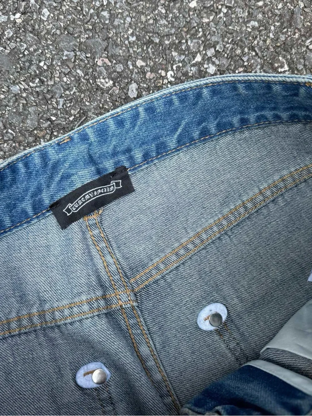Chrome Hearts Blue Distressed Straight Jeans with Paint Accents